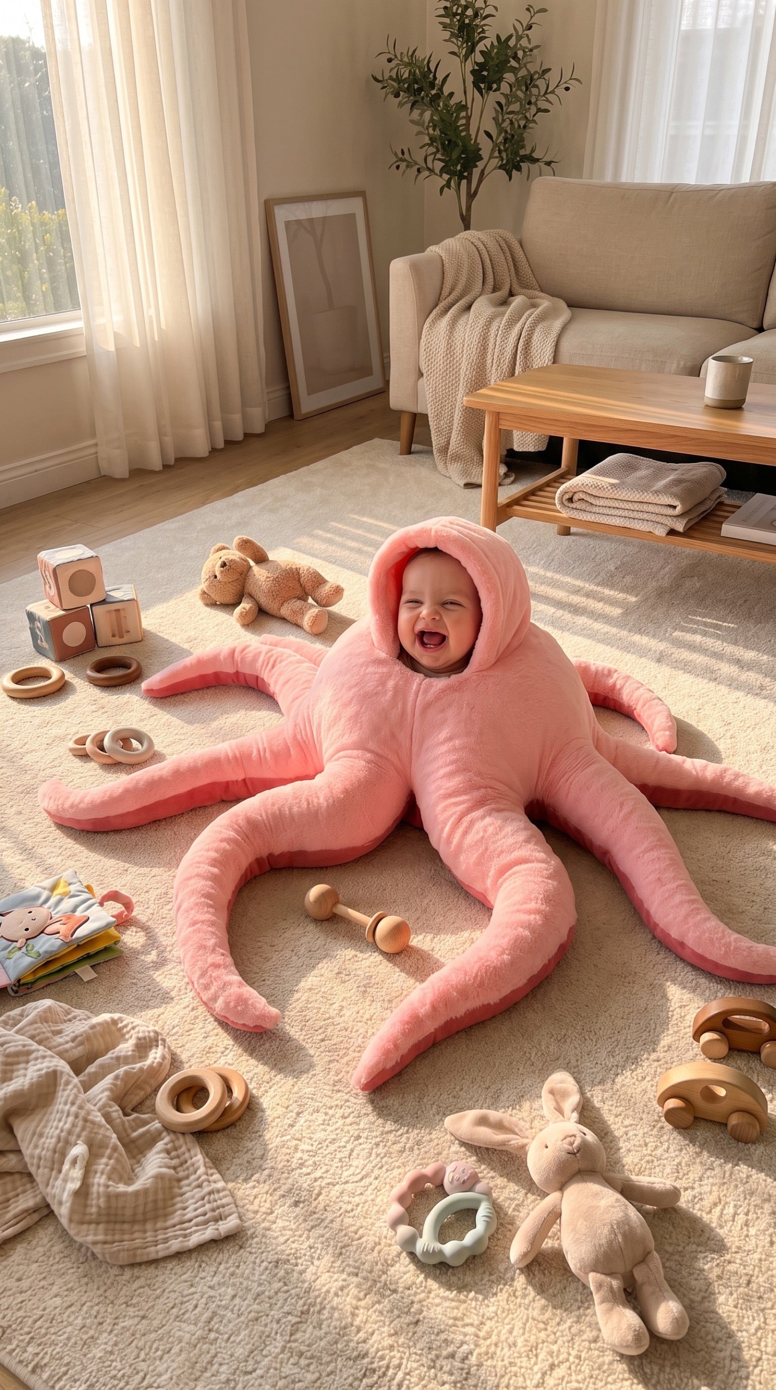 The eight arms spread across the floor around a baby