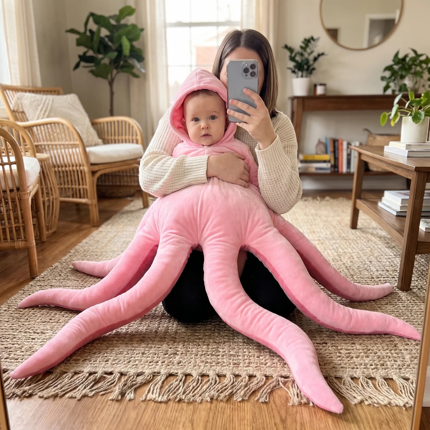 Mom holding baby in octopus costume, mirror selfie